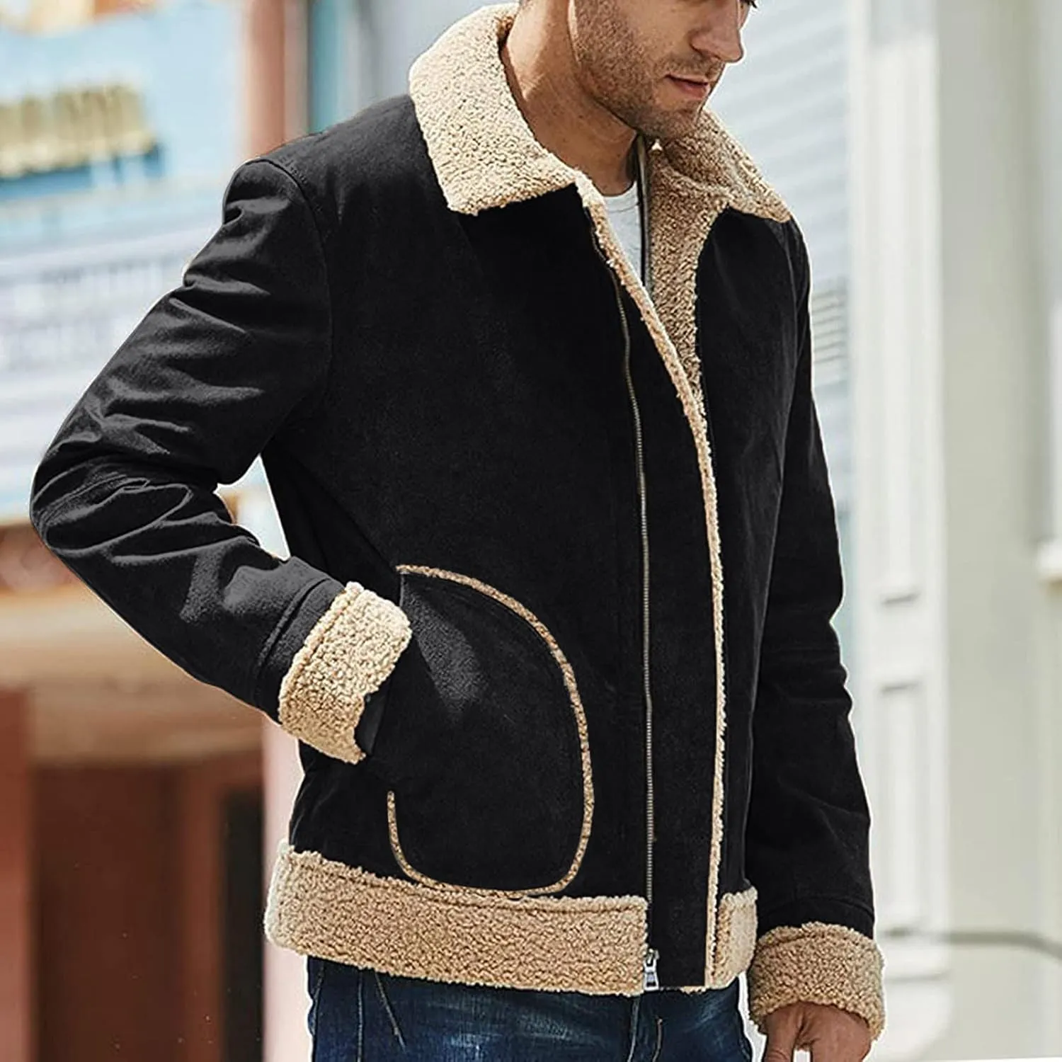 Mens Winter Coats, Mens Vintage Faux Leather Jacket Sherpa Lined Heavyweight Shearing Coat Plus Size Thicken Jacket