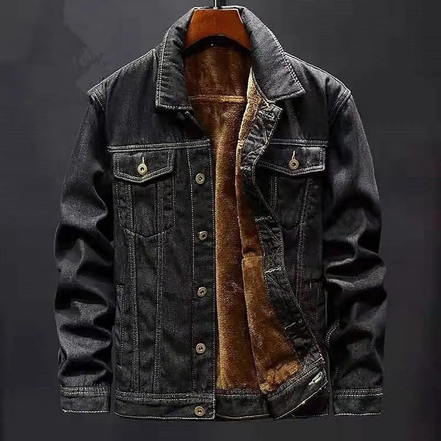 Mens Winter Jacket Sherpa Denim Trucker Jacket Thermal Fleece Lined Jean Hop Faux Fur Collar Jacket