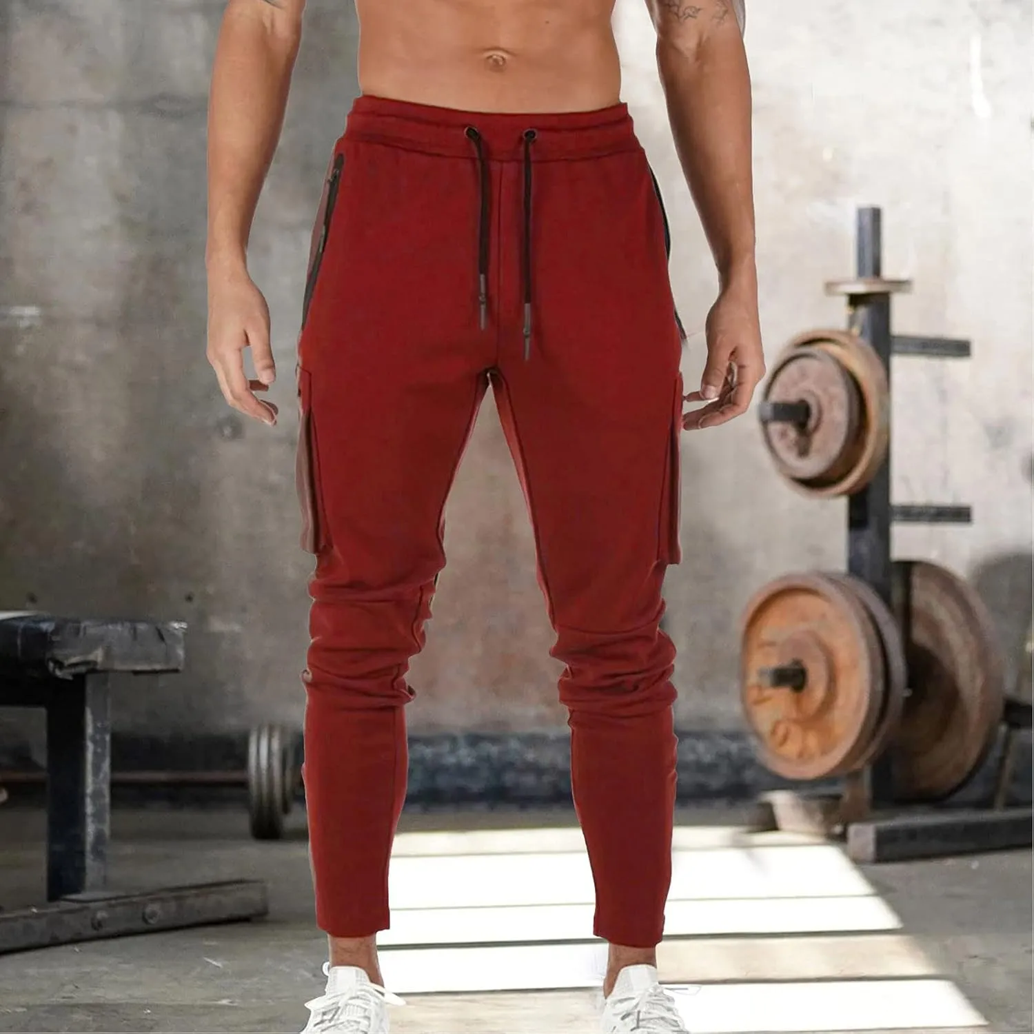 Mens Workout Cargo Sweatpants Trousers Work Wear Combat Fitness Drawstring Pockets Rope Loose Sweatpant 2023 Outdoor