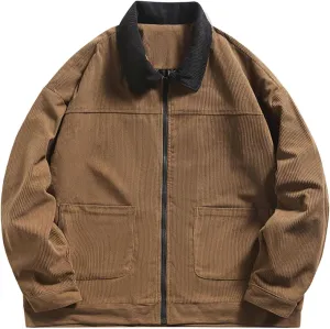 Mens Zip Up Western Corduroy Jackets Lightweight Collar Bomber Jacket Retro Distressed Long Sleeve Textured Shackets