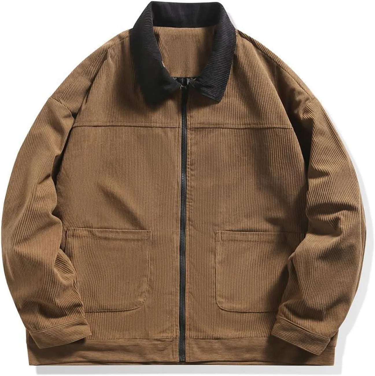 Mens Zip Up Western Corduroy Jackets Lightweight Collar Bomber Jacket Retro Distressed Long Sleeve Textured Shackets
