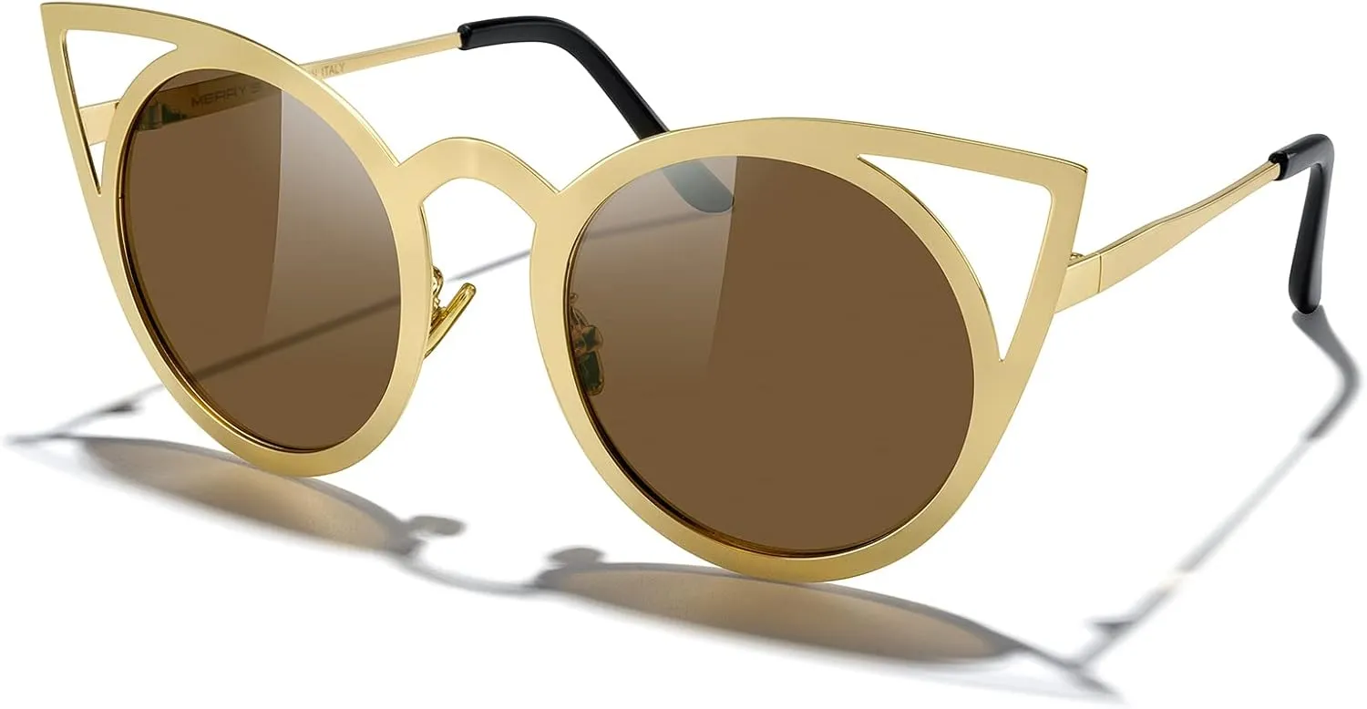 MERRY'S Cat Eye Sunglasses Round Metal Cut-Out Flash Mirror Lens Sun glasses S8064