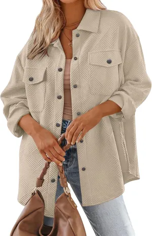 Mmoneyake Women's 2024 Button Down Shacket Jackets Collared Long Sleeve Shirt Textured Loose Casual Fashion Shirts Fall Coats