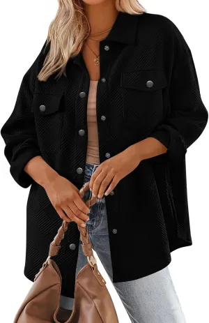 Mmoneyake Women's 2024 Button Down Shacket Jackets Collared Long Sleeve Shirt Textured Loose Casual Fashion Shirts Fall Coats