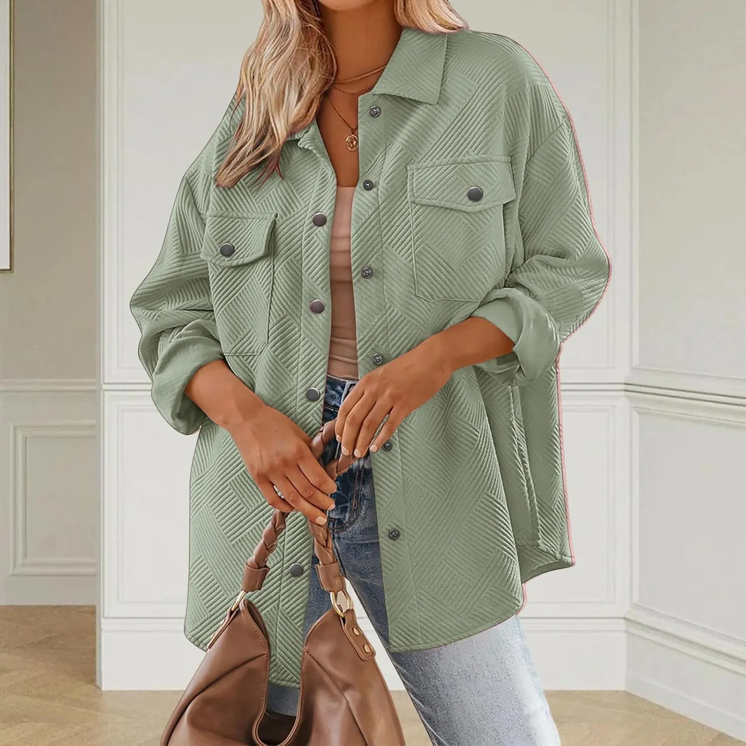 Mmoneyake Women's 2024 Button Down Shacket Jackets Collared Long Sleeve Shirt Textured Loose Casual Fashion Shirts Fall Coats