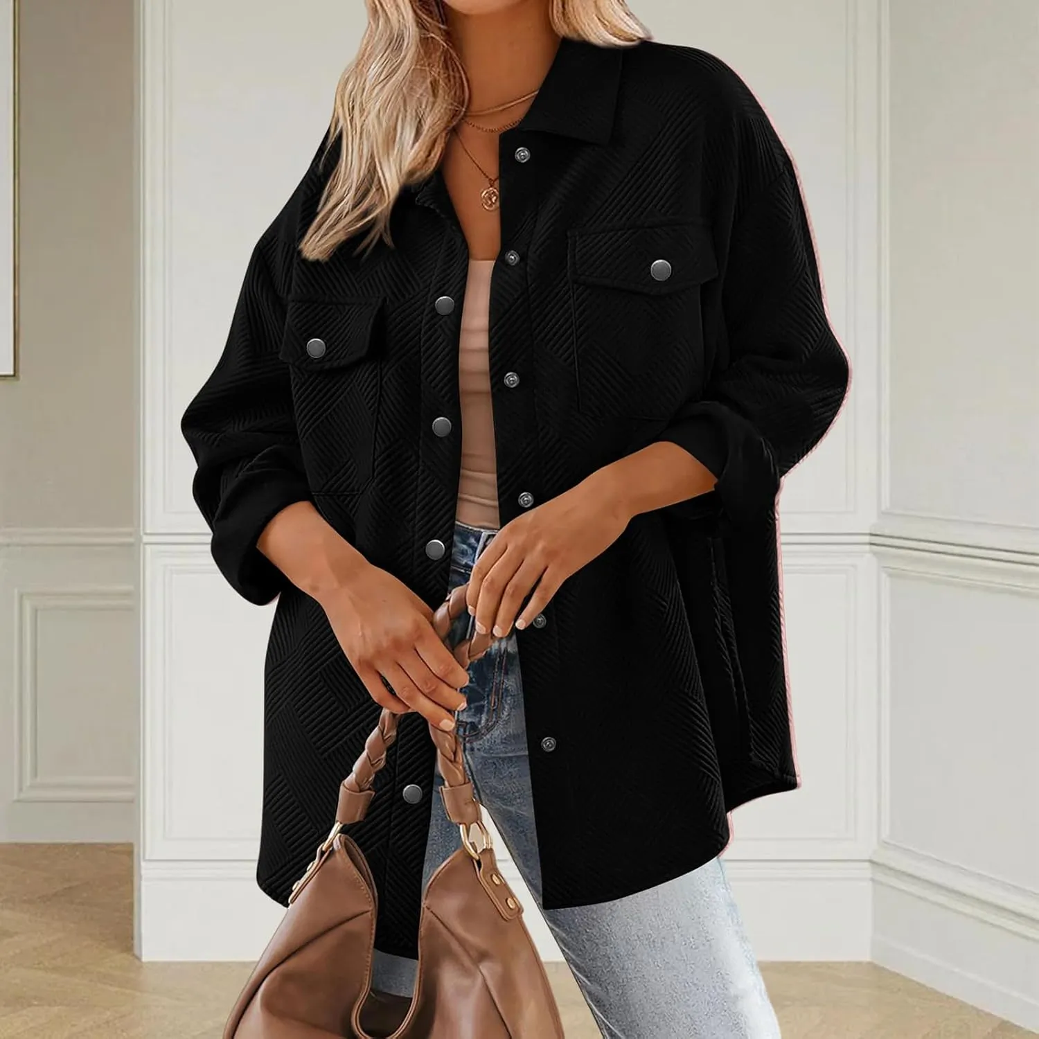 Mmoneyake Women's 2024 Button Down Shacket Jackets Collared Long Sleeve Shirt Textured Loose Casual Fashion Shirts Fall Coats