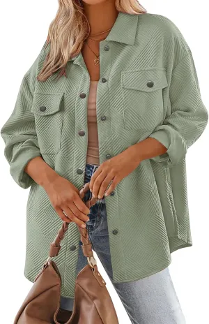 Mmoneyake Women's 2024 Button Down Shacket Jackets Collared Long Sleeve Shirt Textured Loose Casual Fashion Shirts Fall Coats