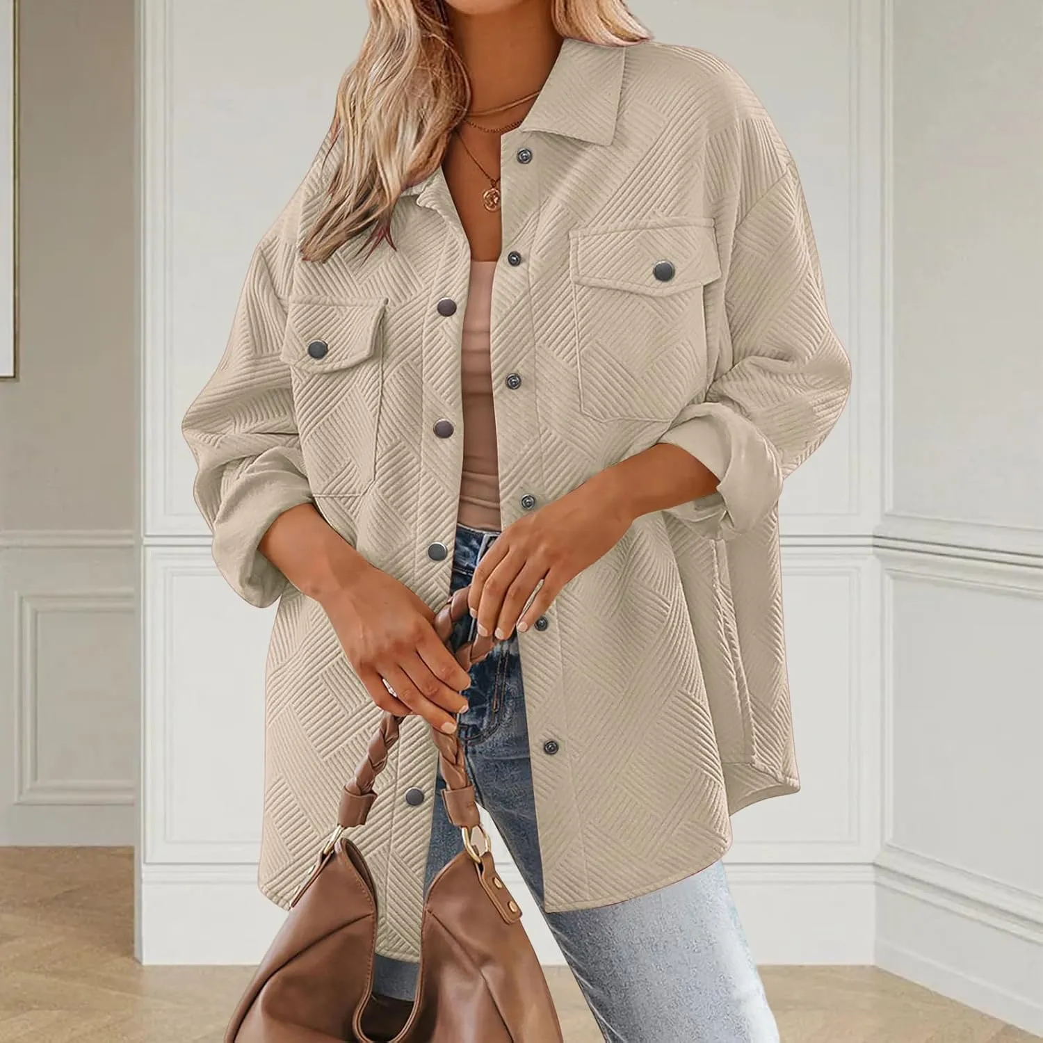 Mmoneyake Women's 2024 Button Down Shacket Jackets Collared Long Sleeve Shirt Textured Loose Casual Fashion Shirts Fall Coats