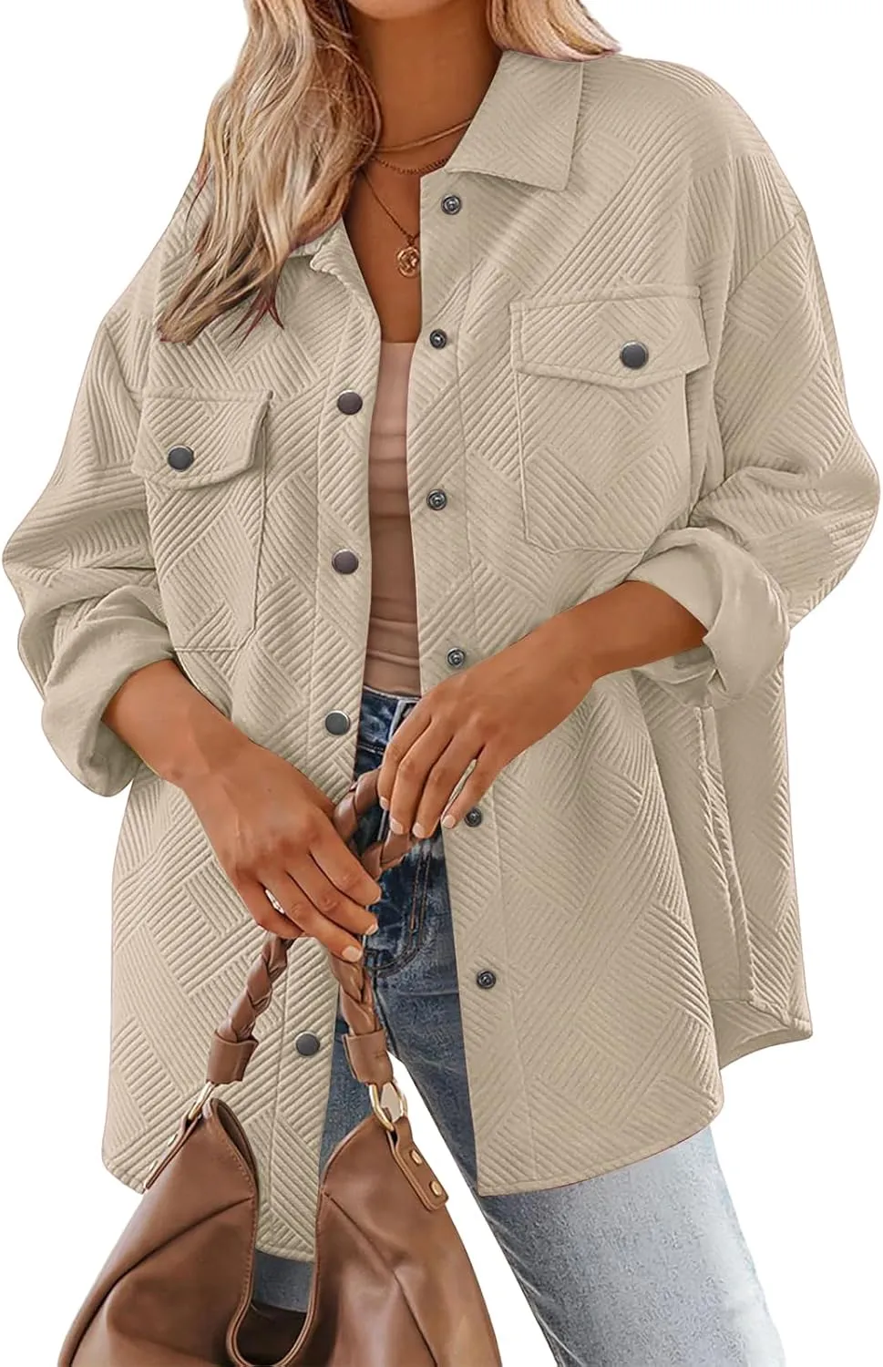 Mmoneyake Women's 2024 Button Down Shacket Jackets Collared Long Sleeve Shirt Textured Loose Casual Fashion Shirts Fall Coats