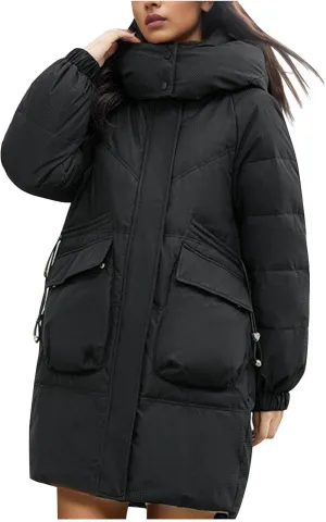 NATHGAM Women's Thickened Mid-Length Down Jacket Winter Down Coat Hooded Stand Collar Puffer Jacket Ladies Outdoor Warm Down Black