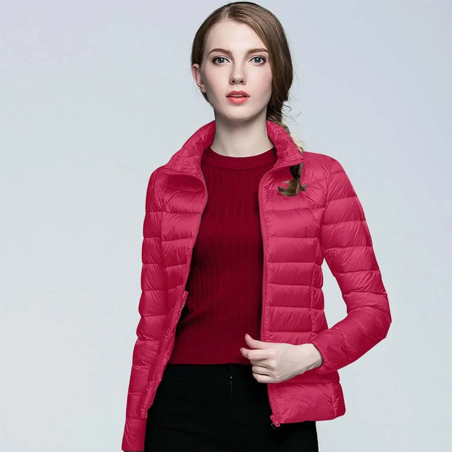 Packable Down Jackets for Women Lightweight Stand Collar Puffer Jackets Casual Full Zip Winter Warm Jackets Outwear