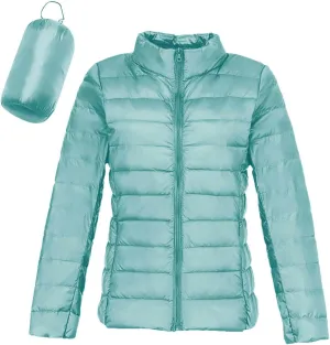 Packable Down Jackets for Women Lightweight Stand Collar Puffer Jackets Casual Full Zip Winter Warm Jackets Outwear