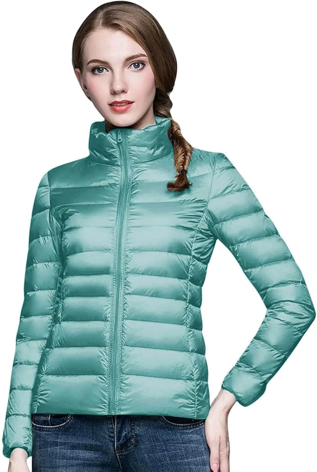 Packable Down Jackets for Women Lightweight Stand Collar Puffer Jackets Casual Full Zip Winter Warm Jackets Outwear
