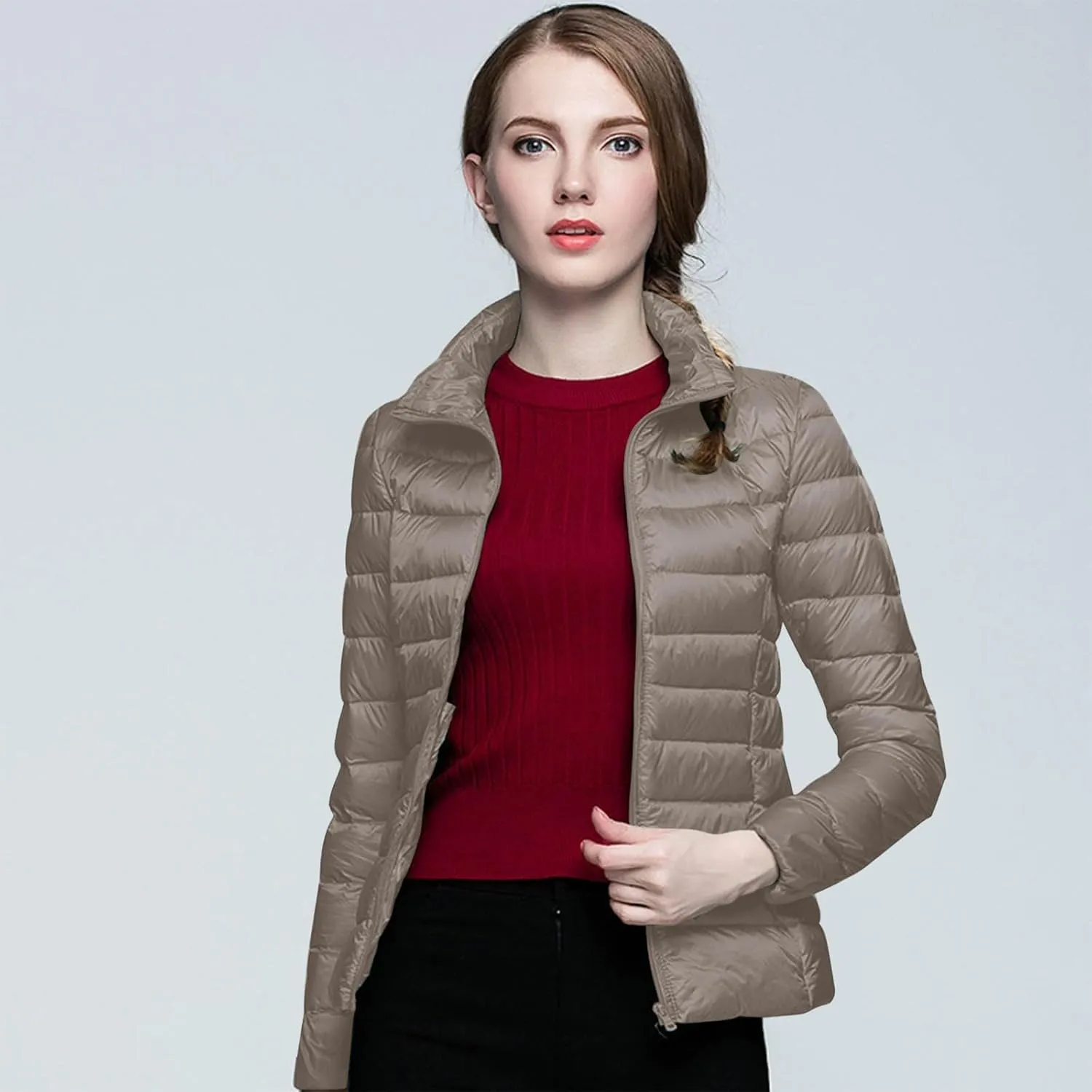 Packable Down Jackets for Women Lightweight Stand Collar Puffer Jackets Casual Full Zip Winter Warm Jackets Outwear