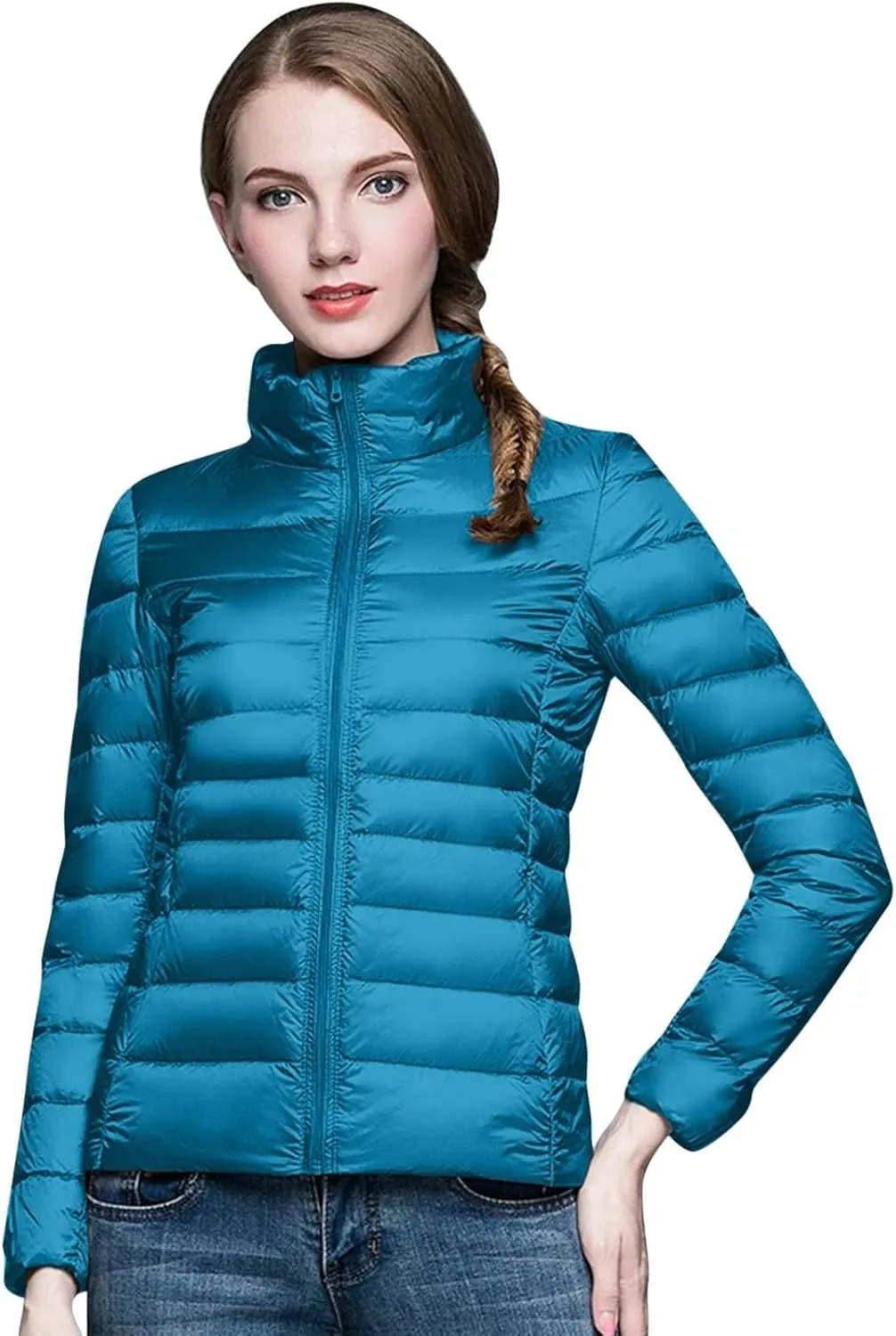 Packable Down Jackets for Women Lightweight Stand Collar Puffer Jackets Casual Full Zip Winter Warm Jackets Outwear