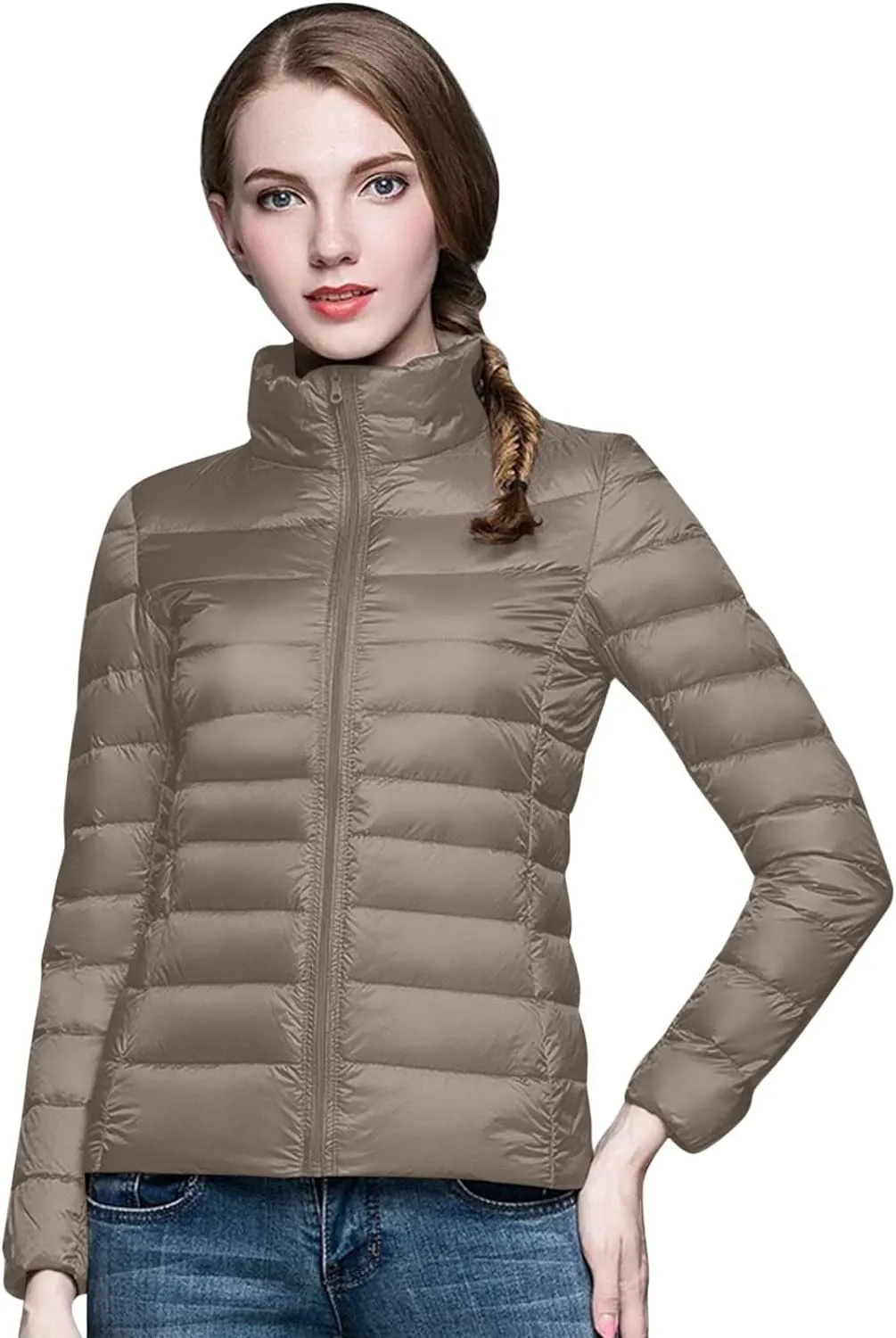 Packable Down Jackets for Women Lightweight Stand Collar Puffer Jackets Casual Full Zip Winter Warm Jackets Outwear