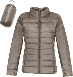 Packable Down Jackets for Women Lightweight Stand Collar Puffer Jackets Casual Full Zip Winter Warm Jackets Outwear