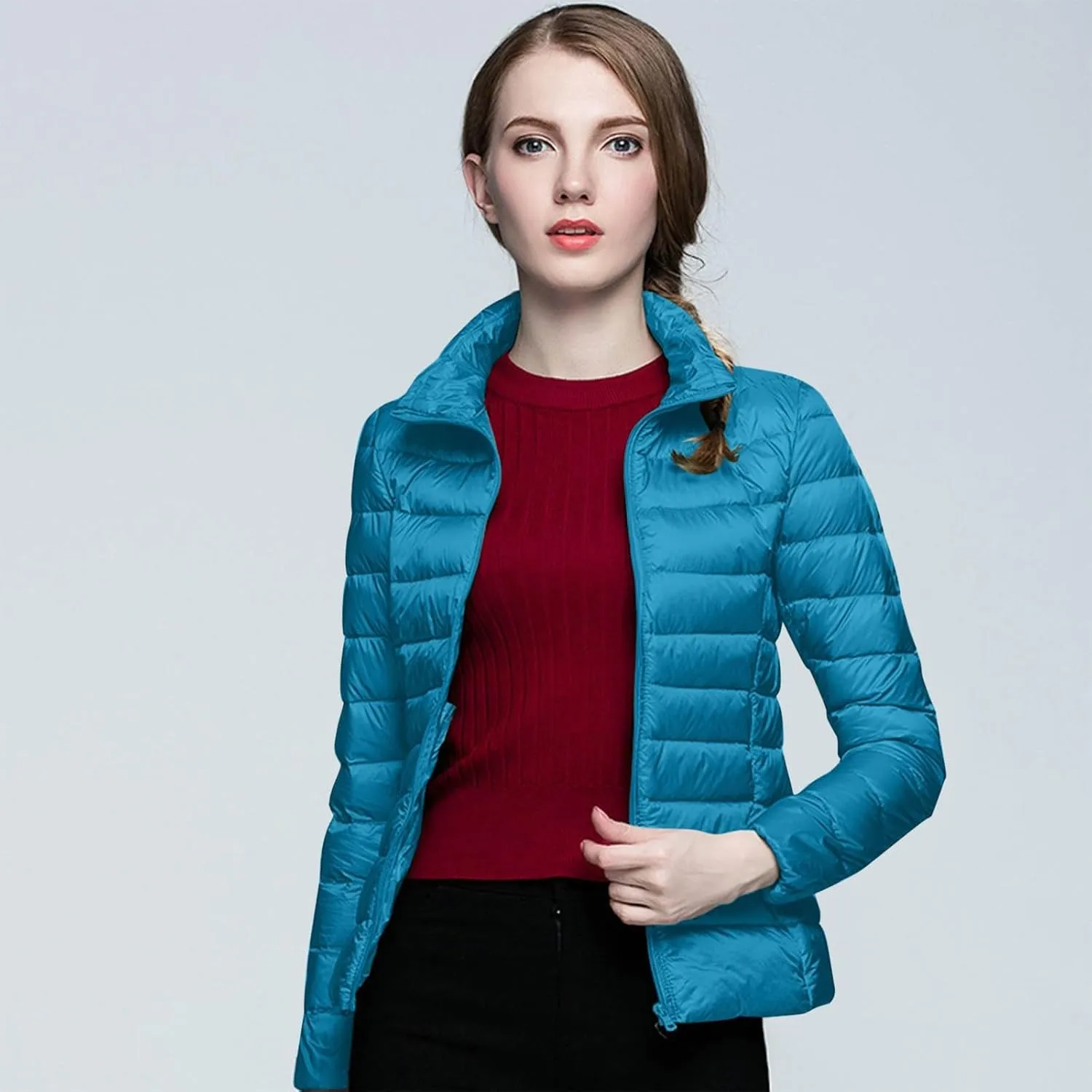 Packable Down Jackets for Women Lightweight Stand Collar Puffer Jackets Casual Full Zip Winter Warm Jackets Outwear