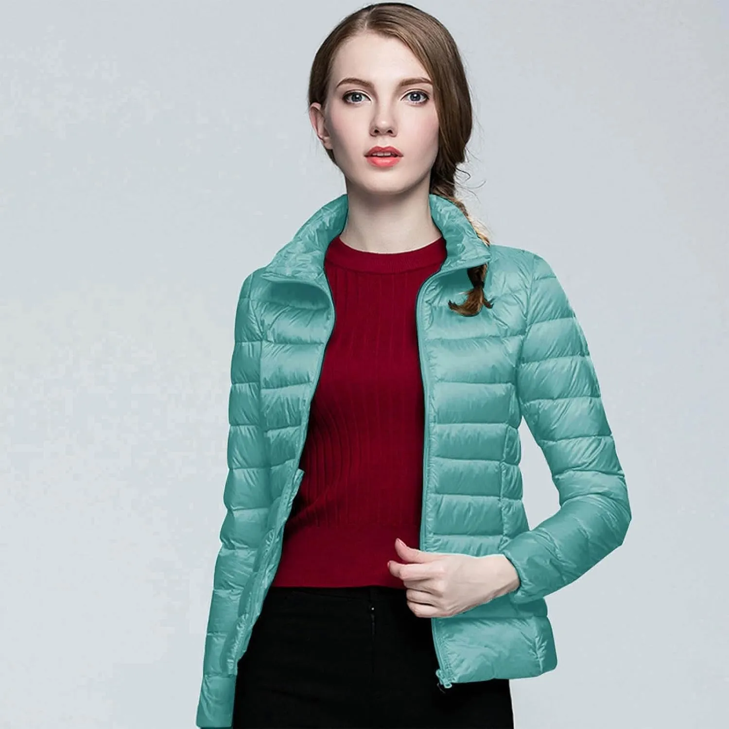 Packable Down Jackets for Women Lightweight Stand Collar Puffer Jackets Casual Full Zip Winter Warm Jackets Outwear