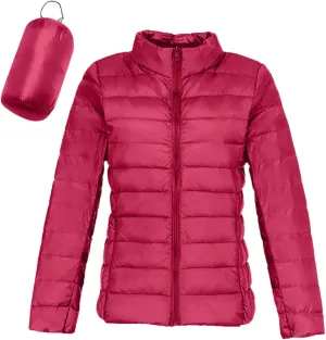 Packable Down Jackets for Women Lightweight Stand Collar Puffer Jackets Casual Full Zip Winter Warm Jackets Outwear
