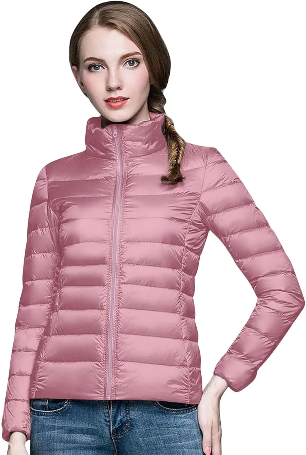 Packable Down Jackets for Women Lightweight Stand Collar Puffer Jackets Casual Full Zip Winter Warm Jackets Outwear