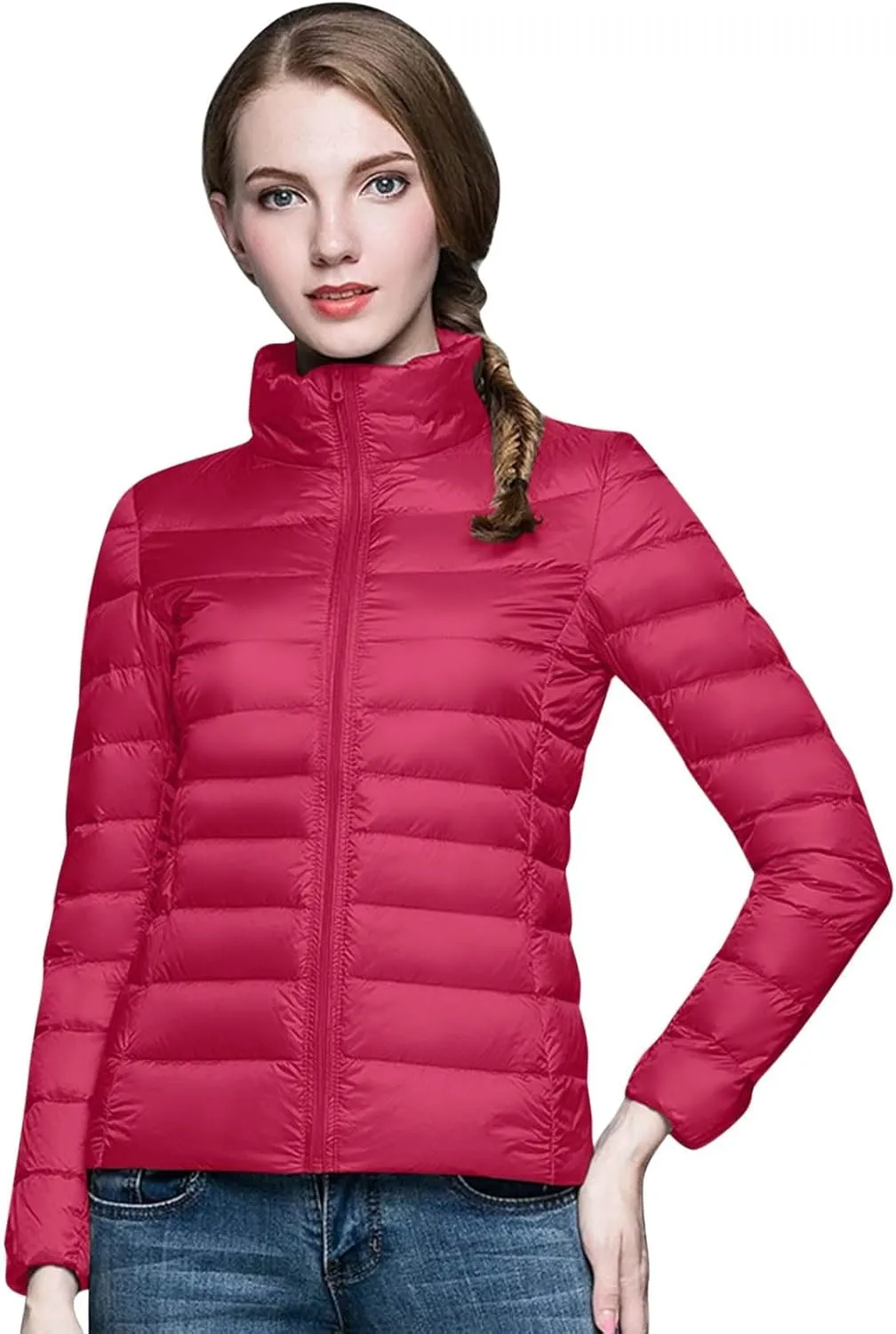 Packable Down Jackets for Women Lightweight Stand Collar Puffer Jackets Casual Full Zip Winter Warm Jackets Outwear
