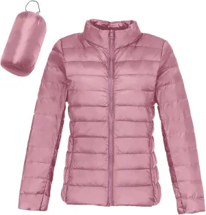 Packable Down Jackets for Women Lightweight Stand Collar Puffer Jackets Casual Full Zip Winter Warm Jackets Outwear