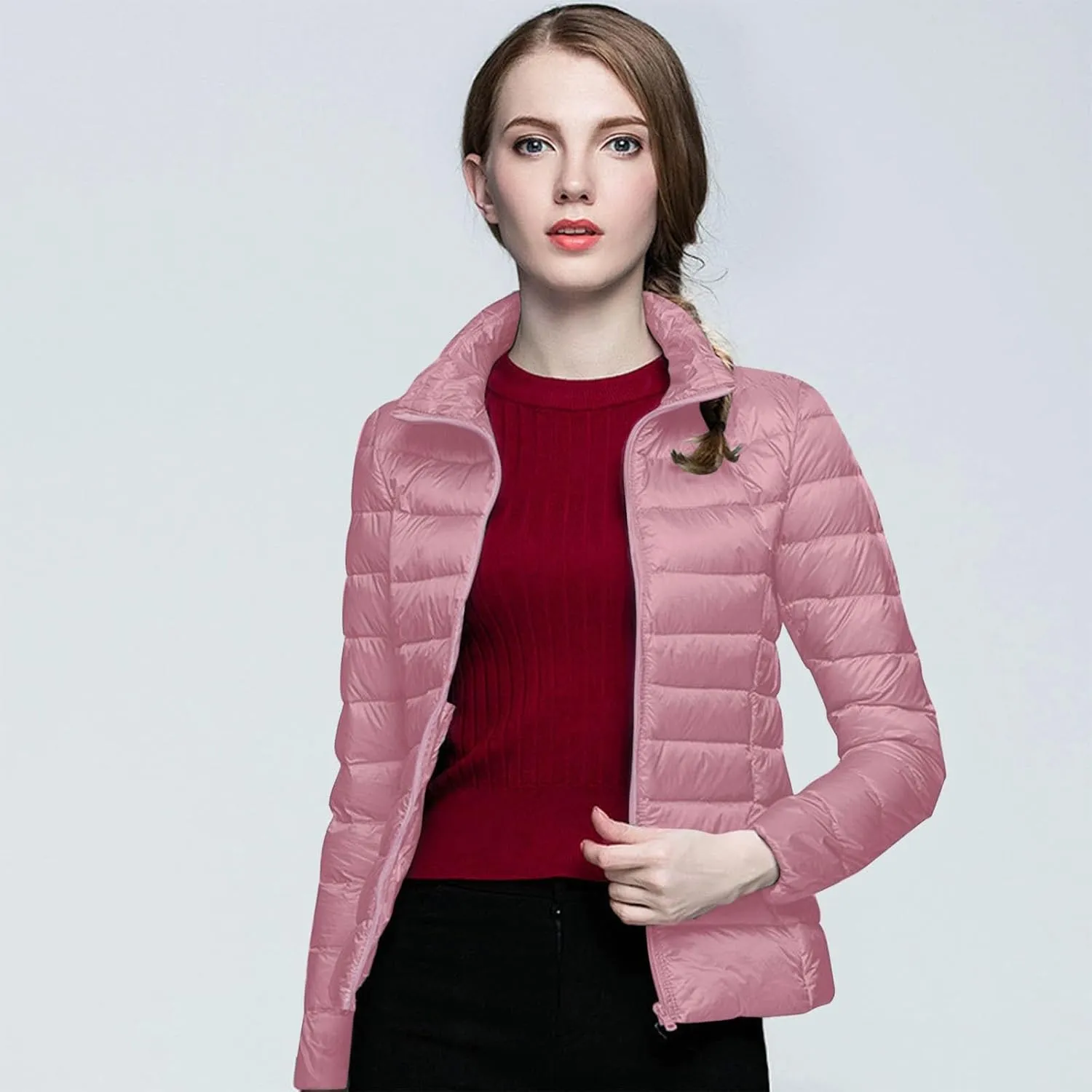 Packable Down Jackets for Women Lightweight Stand Collar Puffer Jackets Casual Full Zip Winter Warm Jackets Outwear