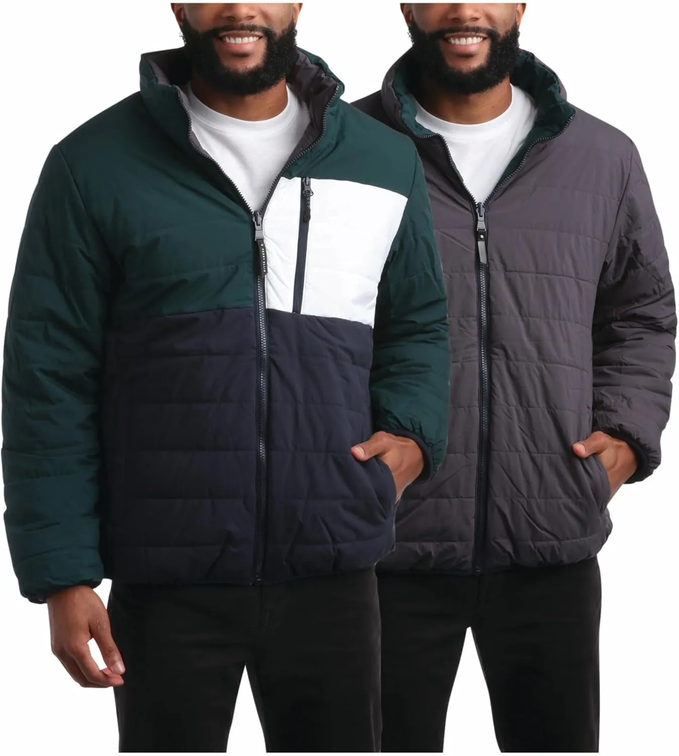 Perry Ellis Men's Puffer Jacket - Full Zip Up Reversible Color Block Hoodless Puffer Jacket for Men (S-XXL)