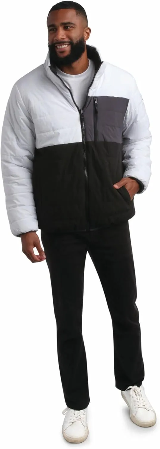 Perry Ellis Men's Puffer Jacket - Full Zip Up Reversible Color Block Hoodless Puffer Jacket for Men (S-XXL)