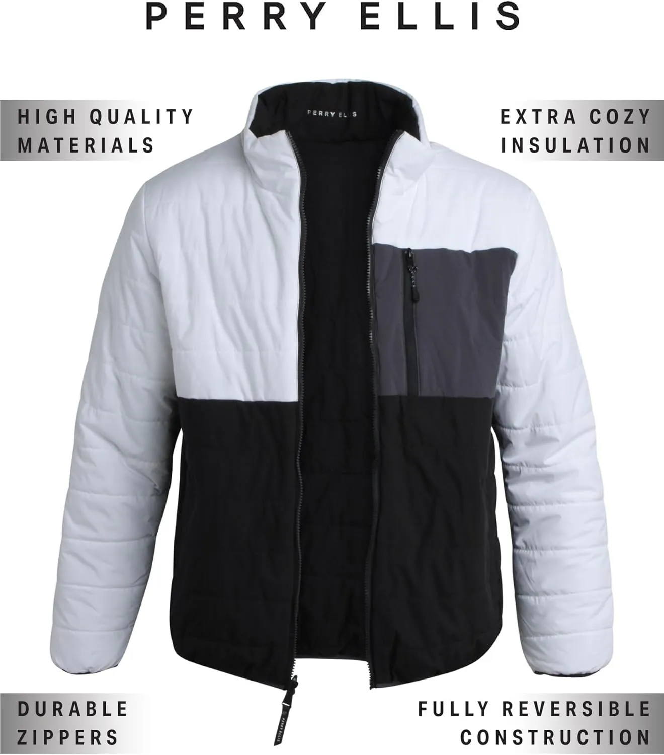 Perry Ellis Men's Puffer Jacket - Full Zip Up Reversible Color Block Hoodless Puffer Jacket for Men (S-XXL)