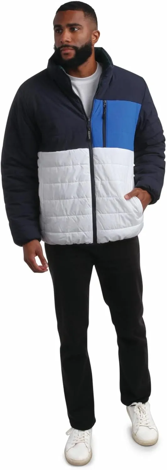 Perry Ellis Men's Puffer Jacket - Full Zip Up Reversible Color Block Hoodless Puffer Jacket for Men (S-XXL)