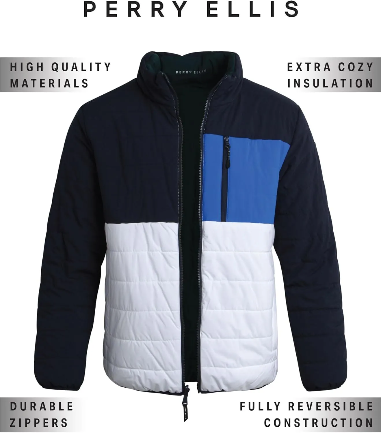 Perry Ellis Men's Puffer Jacket - Full Zip Up Reversible Color Block Hoodless Puffer Jacket for Men (S-XXL)
