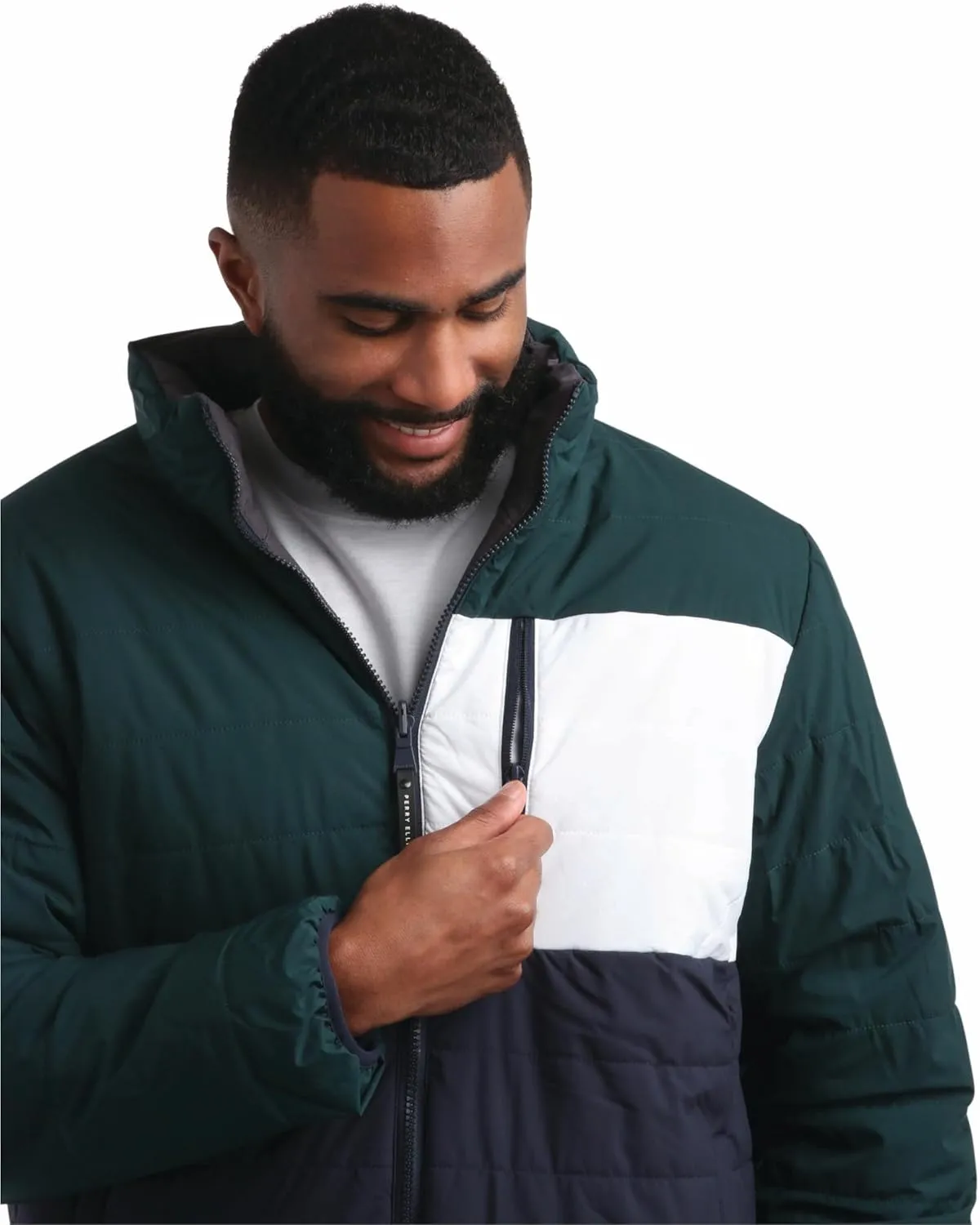 Perry Ellis Men's Puffer Jacket - Full Zip Up Reversible Color Block Hoodless Puffer Jacket for Men (S-XXL)