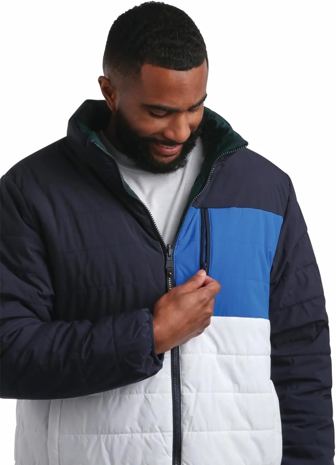 Perry Ellis Men's Puffer Jacket - Full Zip Up Reversible Color Block Hoodless Puffer Jacket for Men (S-XXL)