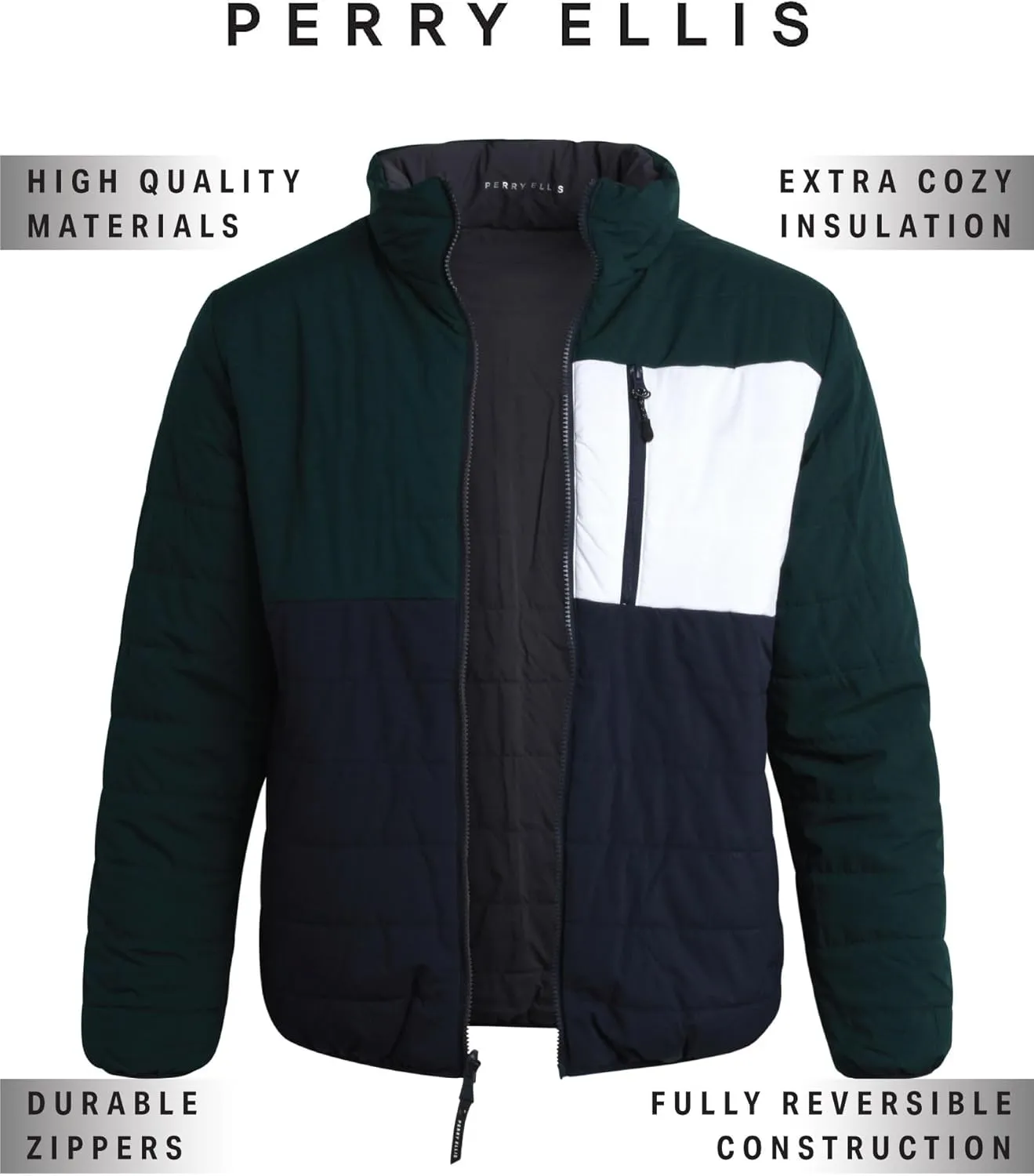 Perry Ellis Men's Puffer Jacket - Full Zip Up Reversible Color Block Hoodless Puffer Jacket for Men (S-XXL)