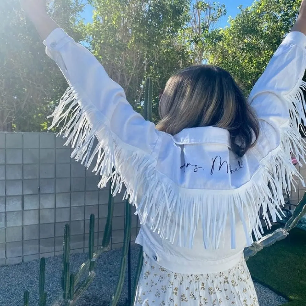 Personalized Cropped White Fringe Jean Jacket Women White Cropped Denim Jacket with Fringe Future Mrs Jean Jacket