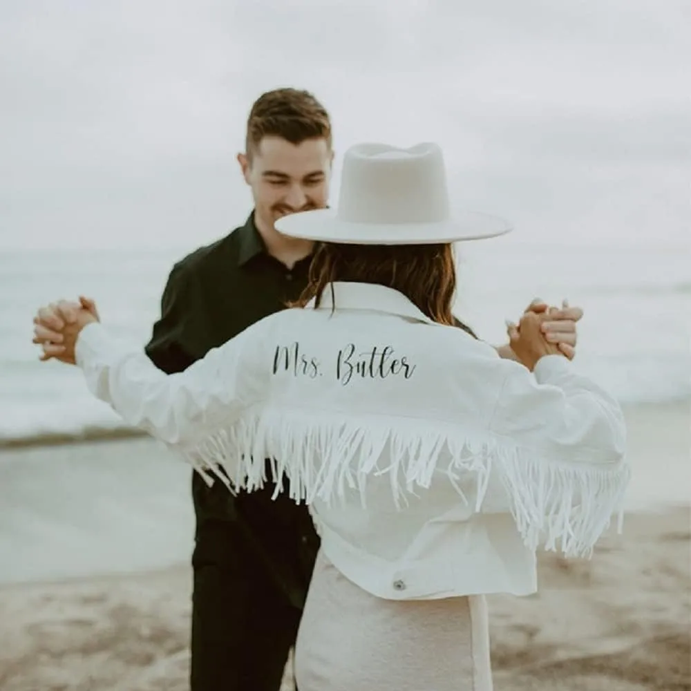 Personalized Cropped White Fringe Jean Jacket Women White Cropped Denim Jacket with Fringe Future Mrs Jean Jacket
