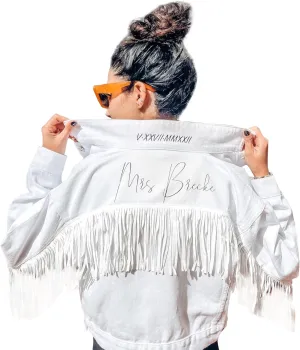 Personalized Cropped White Fringe Jean Jacket Women White Cropped Denim Jacket with Fringe Future Mrs Jean Jacket