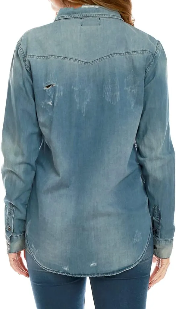 Piin Long Sleeves Distressed Vintage wash Non-Stretch Blue Denim Shirt top