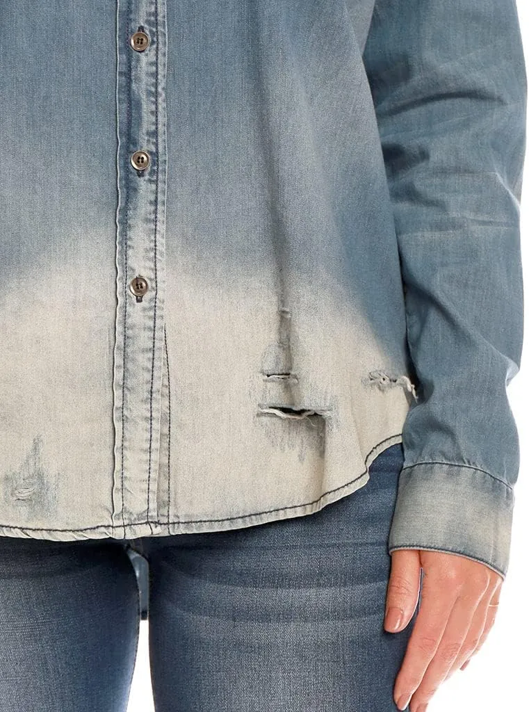 Piin Long Sleeves Distressed Vintage wash Non-Stretch Blue Denim Shirt top