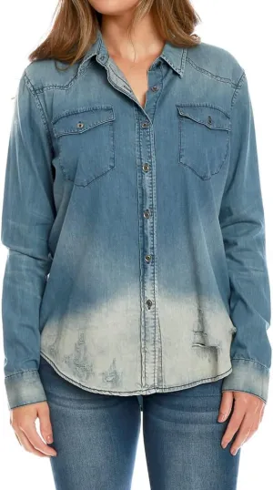Piin Long Sleeves Distressed Vintage wash Non-Stretch Blue Denim Shirt top