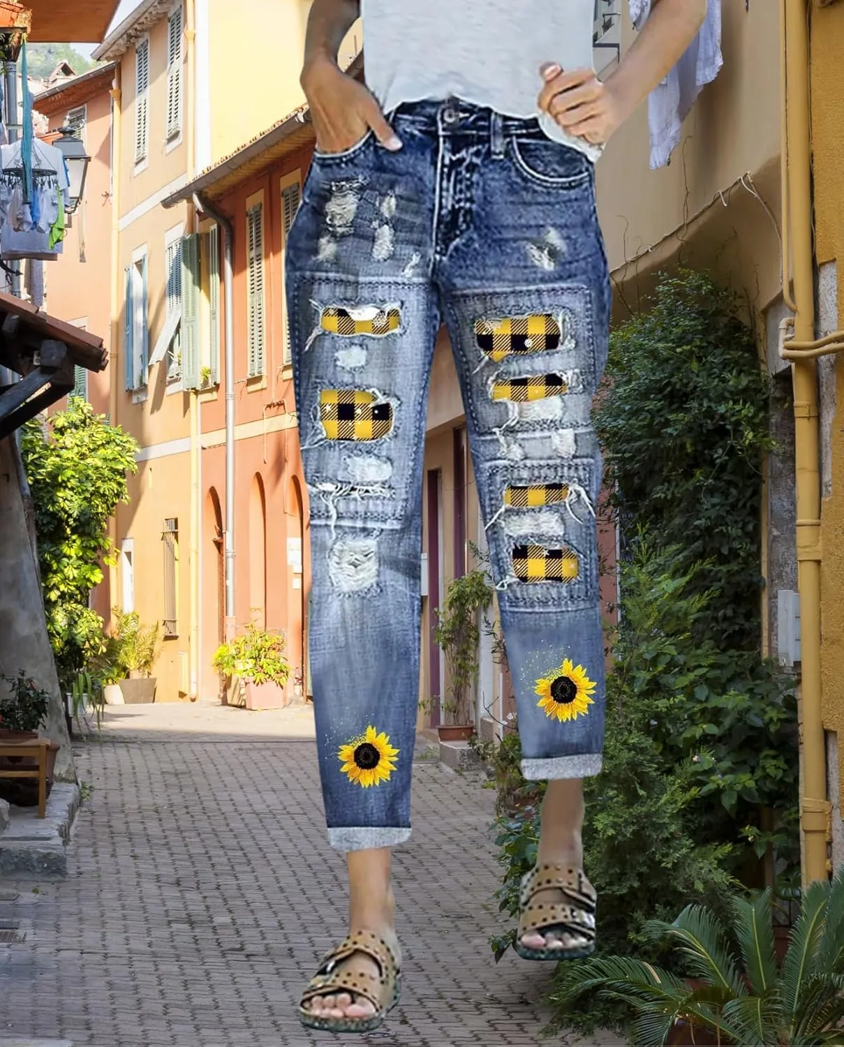 Plus Size Boyfriend Jeans for Women Trendy Cowboy Patch Work Distressed Jeans Casual Baggy Ripped Bling Blue Pants