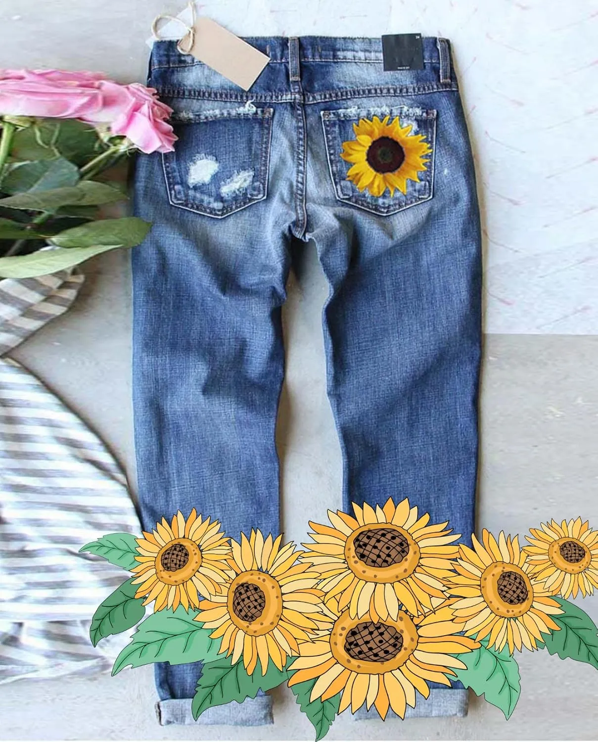 Plus Size Boyfriend Jeans for Women Trendy Cowboy Patch Work Distressed Jeans Casual Baggy Ripped Bling Blue Pants