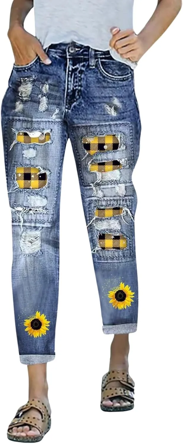 Plus Size Boyfriend Jeans for Women Trendy Cowboy Patch Work Distressed Jeans Casual Baggy Ripped Bling Blue Pants