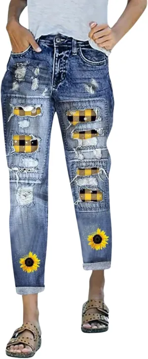 Plus Size Boyfriend Jeans for Women Trendy Cowboy Patch Work Distressed Jeans Casual Baggy Ripped Bling Blue Pants
