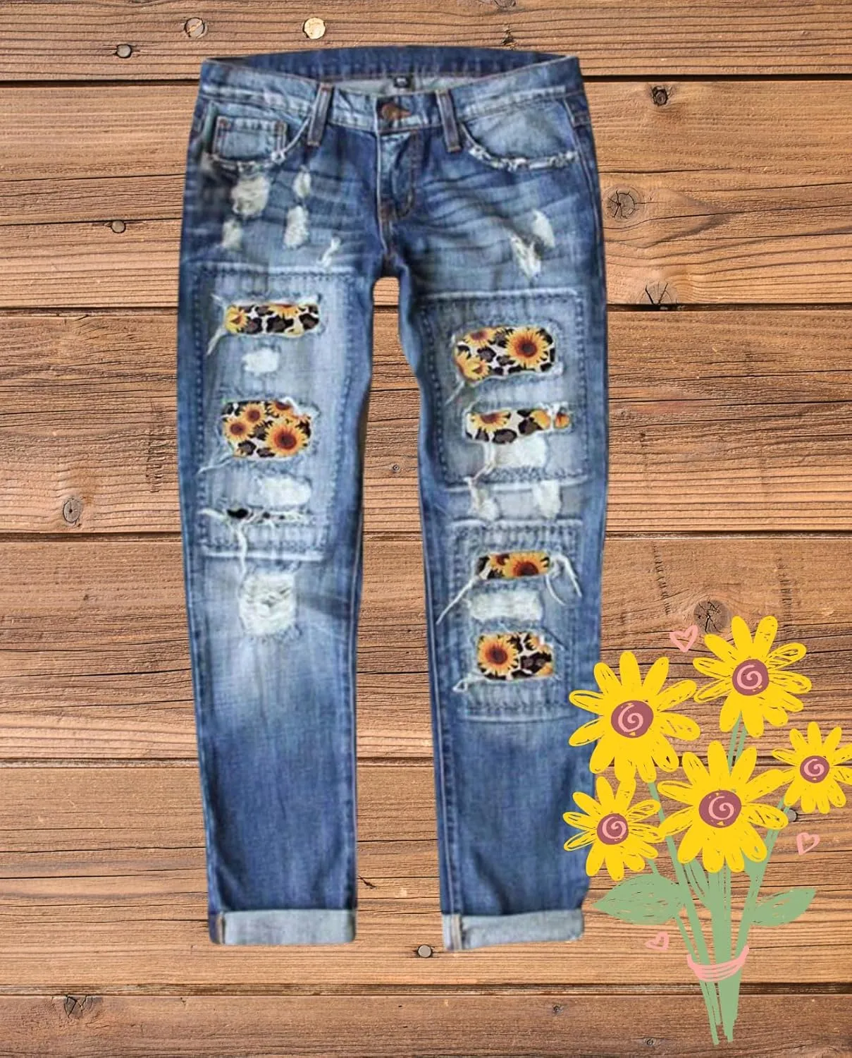 Plus Size Boyfriend Jeans for Women Trendy Cowboy Patch Work Distressed Jeans Casual Baggy Ripped Bling Blue Pants