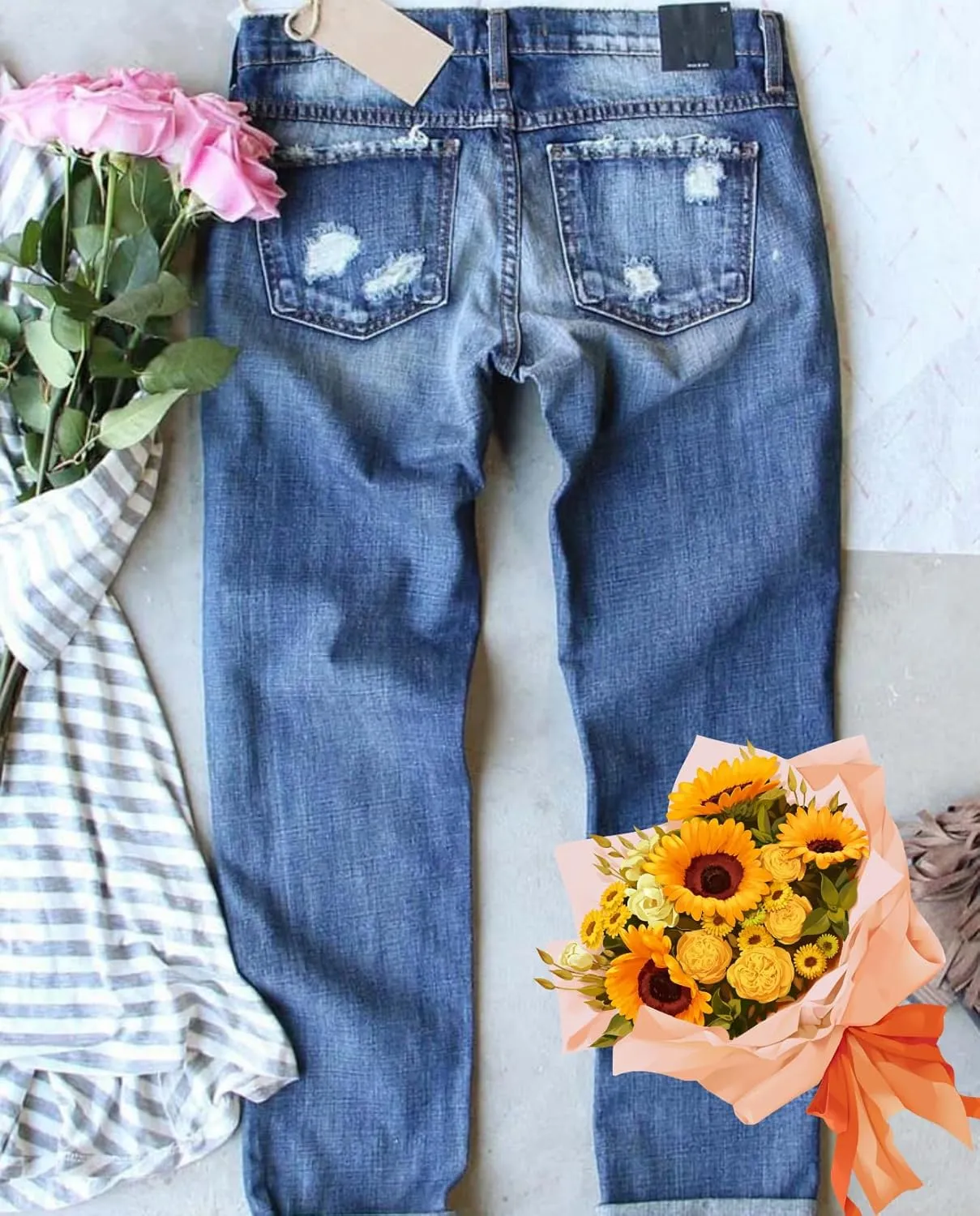 Plus Size Boyfriend Jeans for Women Trendy Cowboy Patch Work Distressed Jeans Casual Baggy Ripped Bling Blue Pants