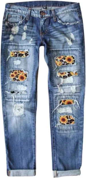 Plus Size Boyfriend Jeans for Women Trendy Cowboy Patch Work Distressed Jeans Casual Baggy Ripped Bling Blue Pants