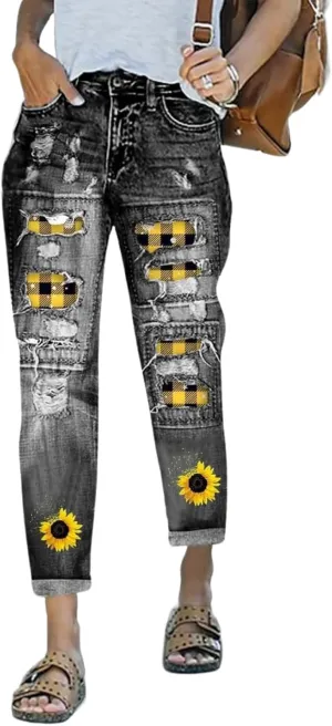 Plus Size Boyfriend Jeans for Women Trendy Cowboy Patch Work Distressed Jeans Casual Baggy Ripped Bling Blue Pants